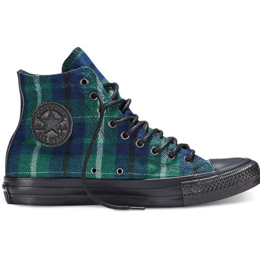 Converse High Top Sneakers Green and Navy Plaid with Black Sole